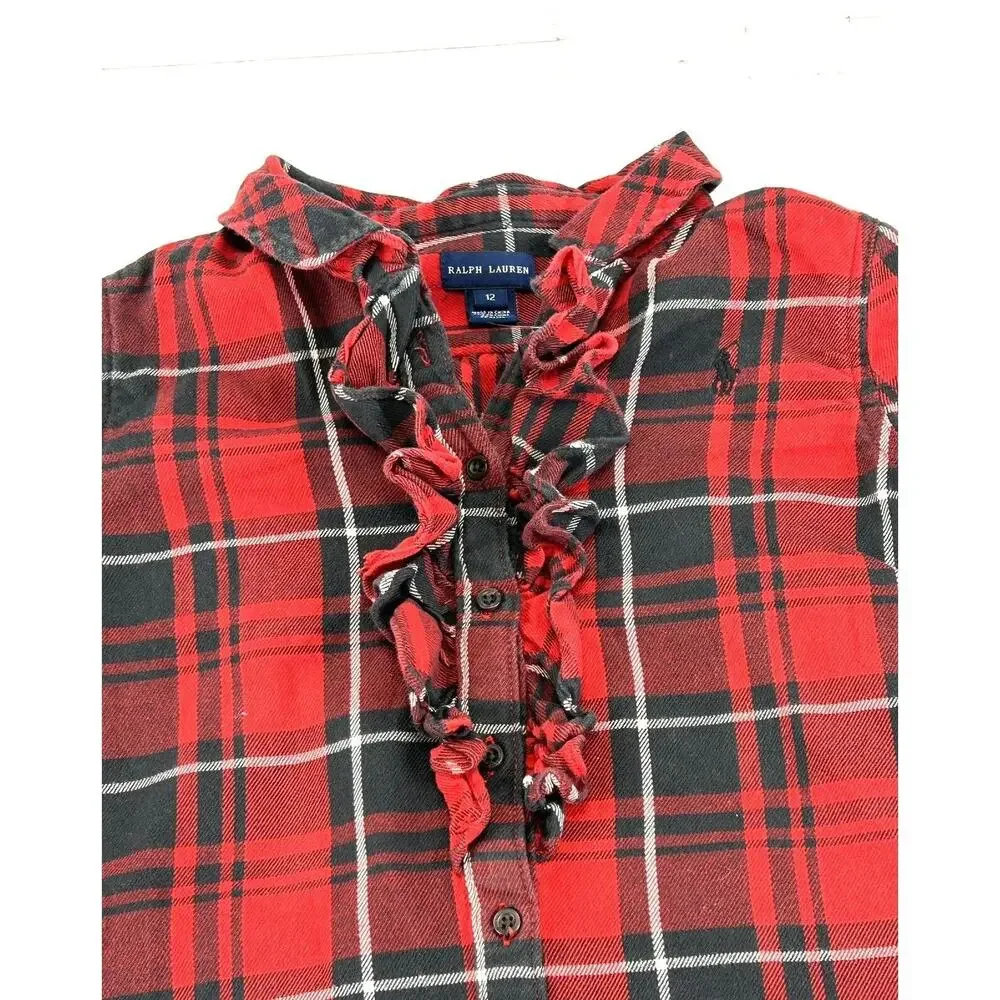 Ralph Lauren Girls Holiday Flannel Dress Size 12 Red Plaid Pockets Ruffles